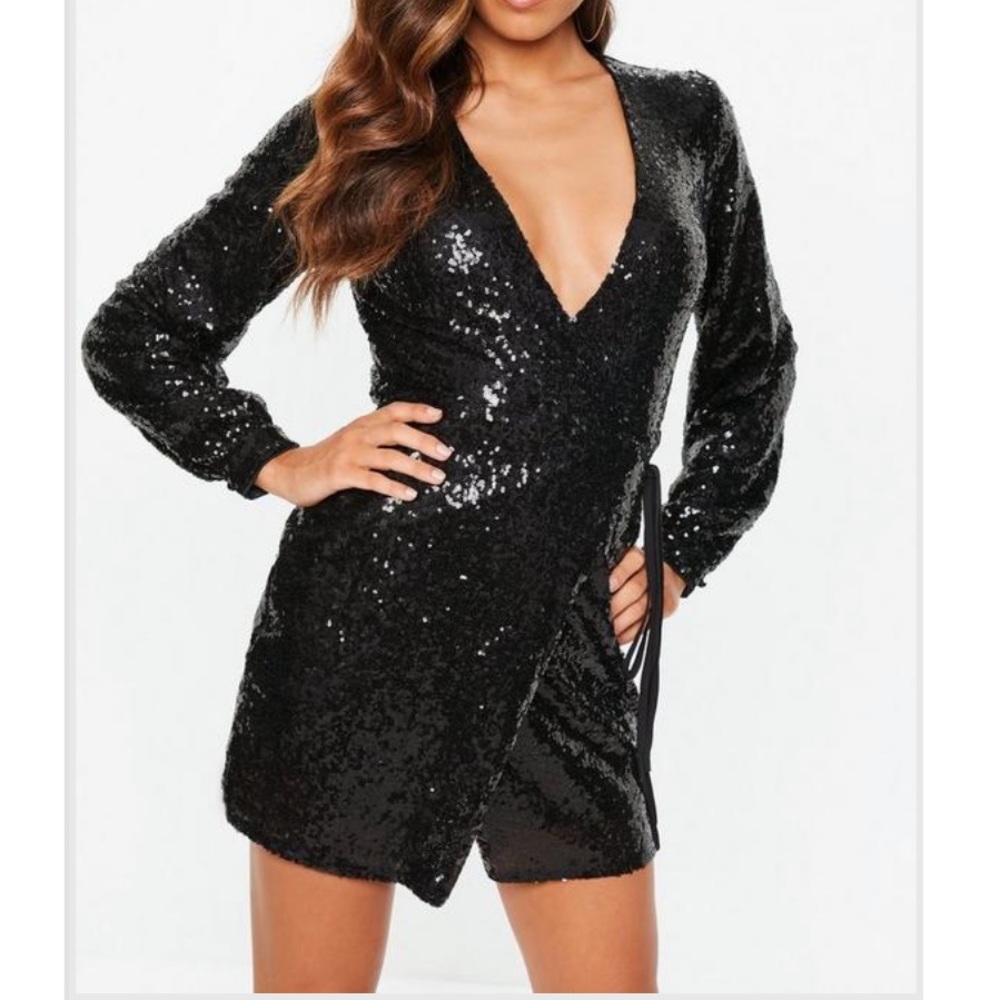 Black Sequin Wrap Dress